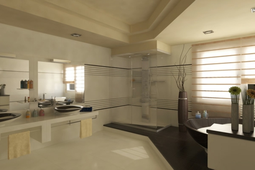 wohnlich gemütlich badezimmer design idee waschbecken schwarz bodenvase