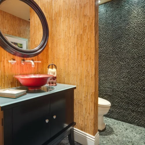 Badezimmer Designs asian style trennwand bambus wc schwarz unterschrank