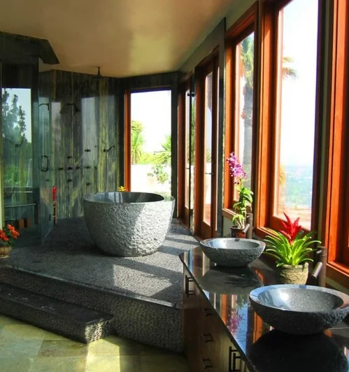 Badezimmer-Designs-im-asiatischen-Stil-stein-kalt-pflanzen