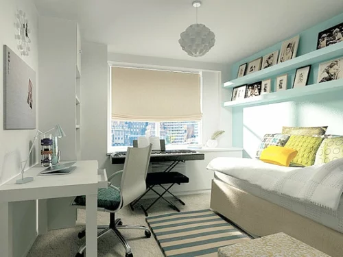Deko Ideen fürs Gästezimmer bürotisch teppich gestreift blau weiß