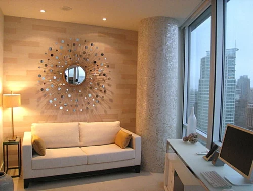 Deko Ideen fürs Gästezimmer wandspiegel rund sofa säule