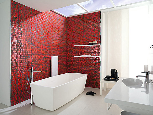 Luxus Badezimmer Ideen badfliesen rot mosaik wand kontrast