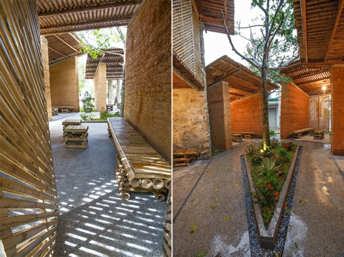Nachhaltige Gartenhäuser aus Bambus und Stein bepflanzung