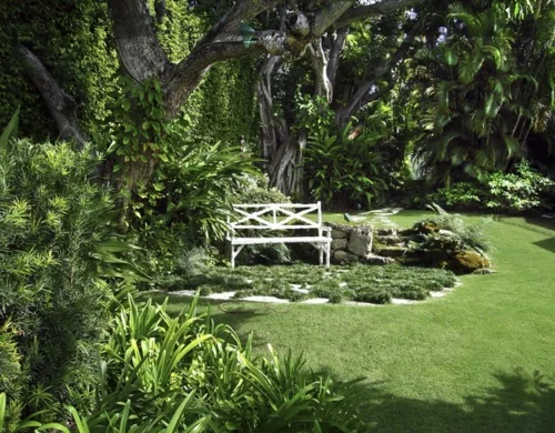 Schattengarten mit tropischen Pflanzen gestalten sitzbank weiß