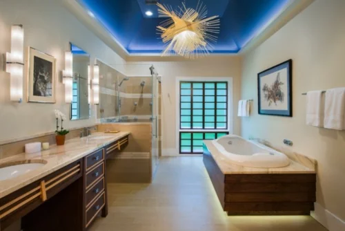 badezimmer beleuchtung einrichtung asian stil blau decke