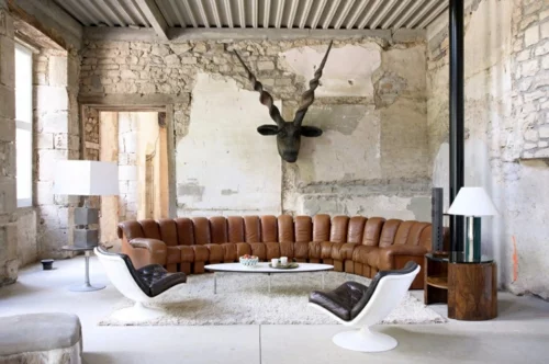 braun leder sofa luxus design grunge wandgestaltung