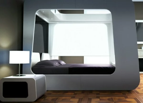 futuristische schlafzimmer auberginenfarbene bettwäsche