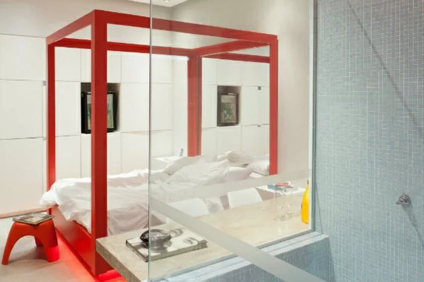 futuristische schlafzimmer designs bettkasten aus feuerrotem holz
