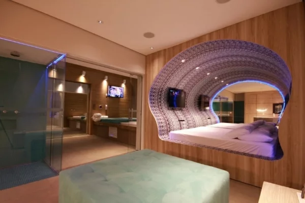 futuristische schlafzimmer designs muschelförmig mit neonlicht