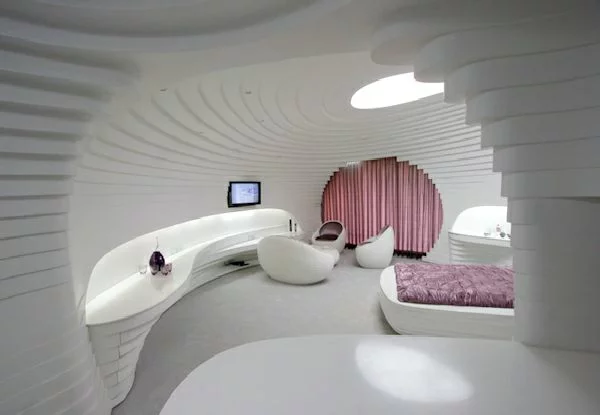 futuristische schlafzimmer designs schneckenförmig mit rosa akzenten