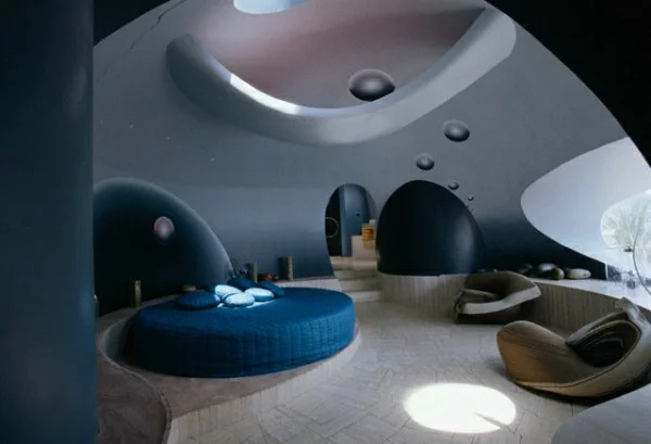 futuristische schlafzimmer rundes bett in marineblau