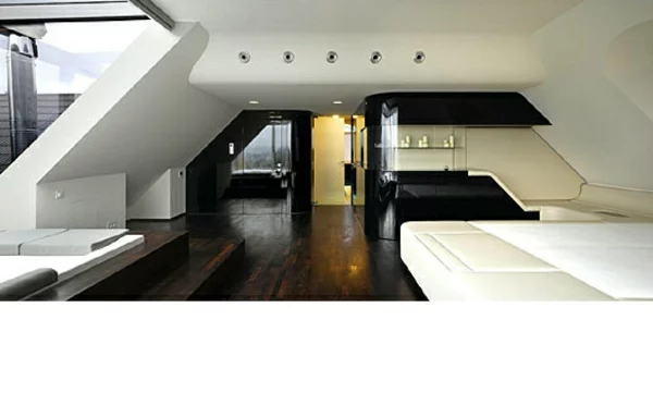 futuristische schlafzimmer schräge wände schwarz weiß und dunkles parkett
