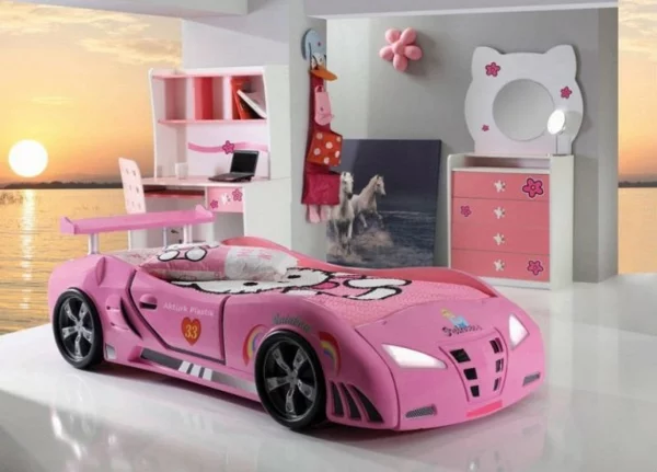 kinderbetten tolle designs rosa auto fototapete sonnenuntergang