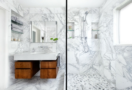 marmor im haus verwenden teakholz unterschränke geräumige duschkabine