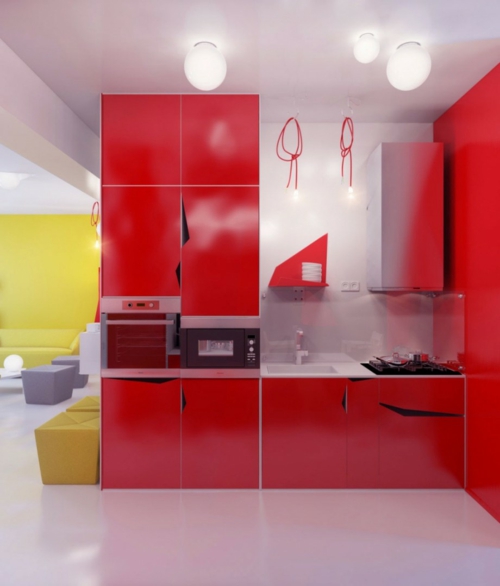 rote-Farbe-in-der-Küche-nuancen-eingebaut-küchenschränke-geräte