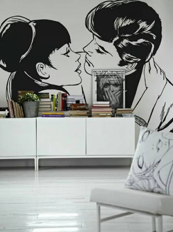 schicke wanddekoration mit kuss in schwarz weiß komikfiguren