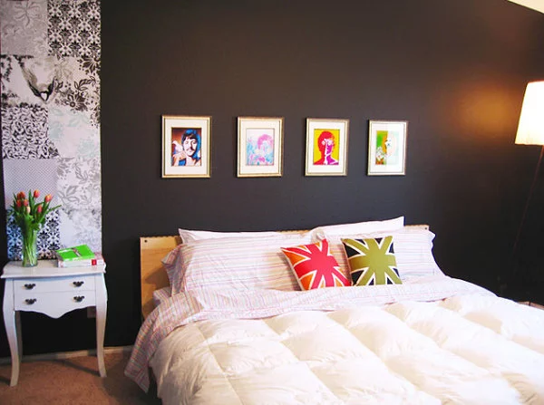 leuchtende Farben im Interior Design schwarz schlafzimmer doppelbett