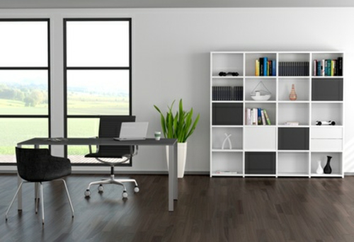 office design offene regale minimalistisch eingerichtet fenster tageslicht
