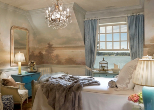 Kronleuchter im Schlafzimmer tapeten natur umgebung schminktisch blau holz