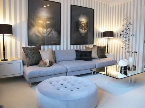 Kunstvolles cooles  Wohnzimmer einrichten sofa blau sitzkissen rund samt