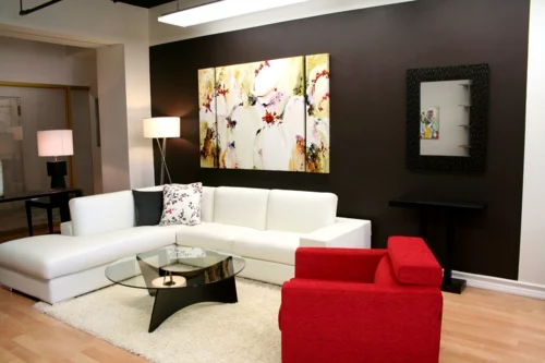 Kunstvolles cooles  Wohnzimmer einrichten sofas weiß leder rot sesel tischplatte