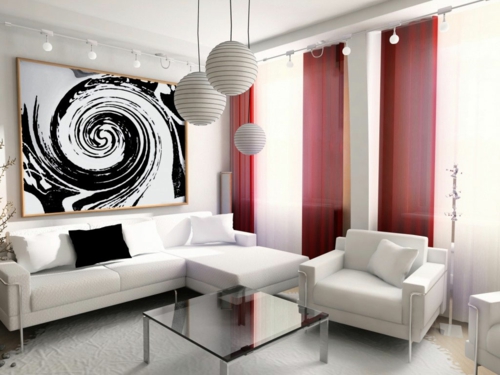 Kunstvolles cooles Wohnzimmer einrichten weiß schwarz möbel hängelampen kugel