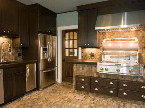 Küchen Design mit eingebautem Grill modern fußboden schrank kühlschrank