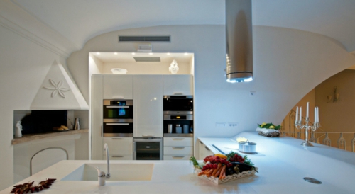 Küchen Design mit eingebautem Grill modern glanzvoll kochfläche