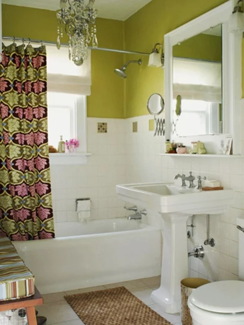 Moderne Wandfarbe fürs Zuhause grasgrün badezimmer badewanne gardinen
