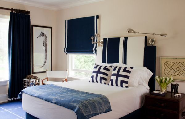 Nautische Deko Ideen blau weiß bettwäsche schlafzimmer gardinen