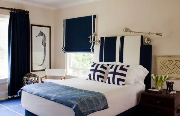 Nautische Deko Ideen blau weiß bettwäsche schlafzimmer gardinen