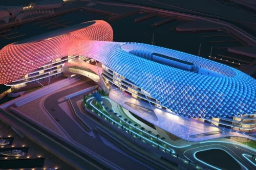 Sport und Architektur Yas Marina Abu Dhabi nachts beleuchtung