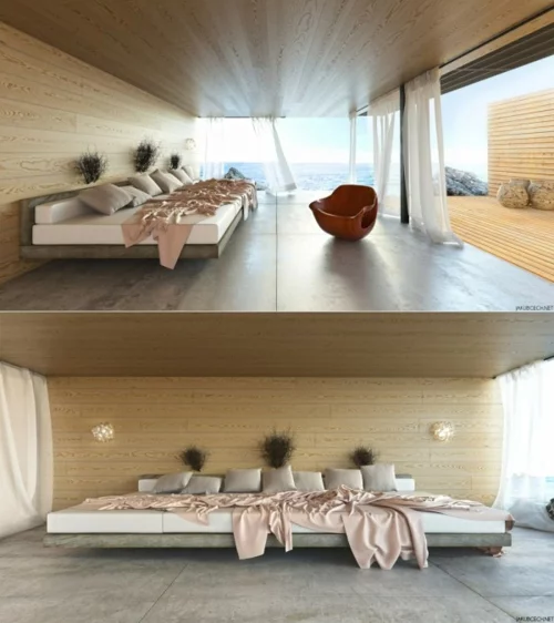 außergewöhnliche Schlafzimmer Designs sessel gardinen meer holz sichtschutz