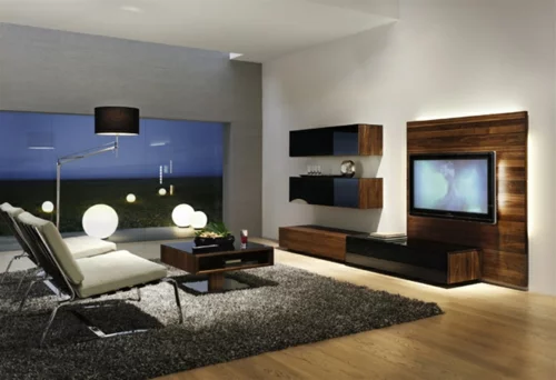 elegante Wohnzimmer Möbel eingebaut regale bildschirm stehlampe teppich