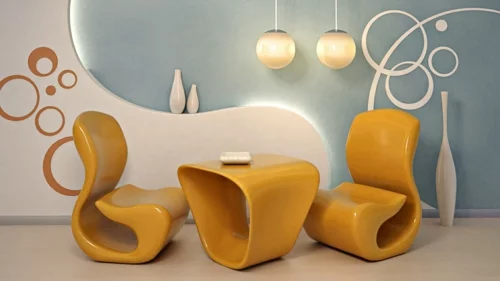 elegante Wohnzimmer Möbel gelb stühle couchtische wandfarben tattoo lampen