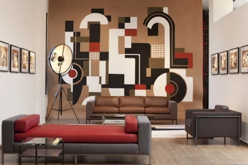 elegante Wohnzimmer Möbel sofa lederpolsterung rot sessel wanddekoration