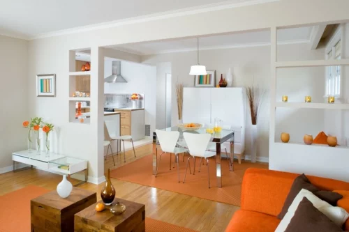 farbgestaltung mit schönen Mustern bunt weiß orange esszimmer küche