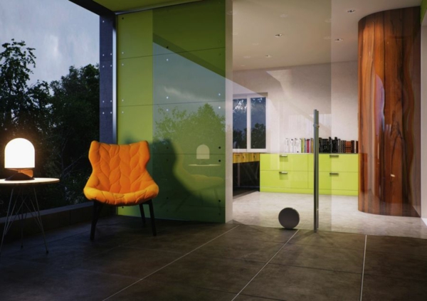 innovatives glaskasten haus glasschiebetür olivengrün und orange