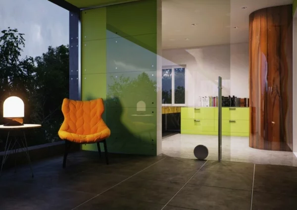 innovatives glaskasten haus glasschiebetür olivengrün und orange