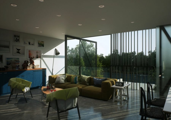 innovatives glaskasten haus komfortables sofa in grasgrün