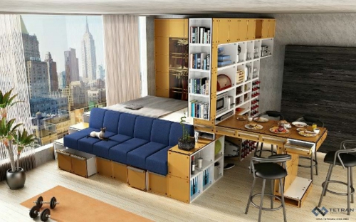 kleines apartment zeigt größe panorama fenster trennwand aus regal