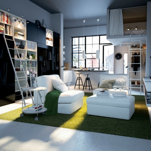 kleines apartment zeigt größe weißer hintergrund grasgrüne akzente