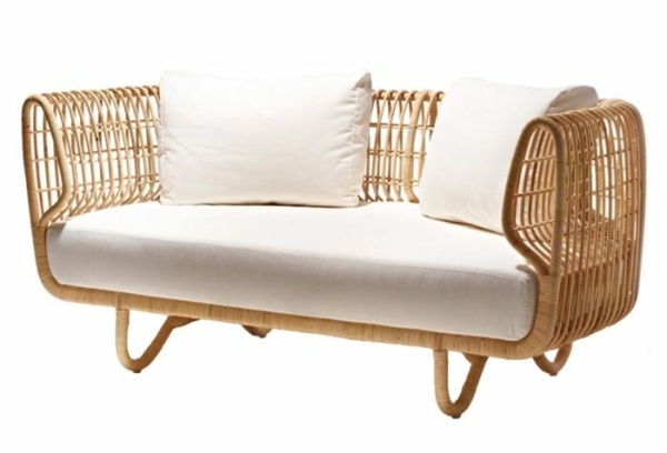 rattan möbel sofa mit polsterung aus weißem leinen