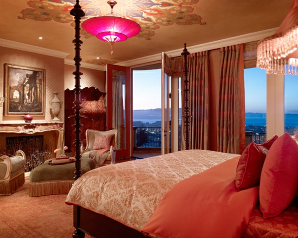 schlafzimmer bettwäsche pfirsichfarben gardinen marokkanisch