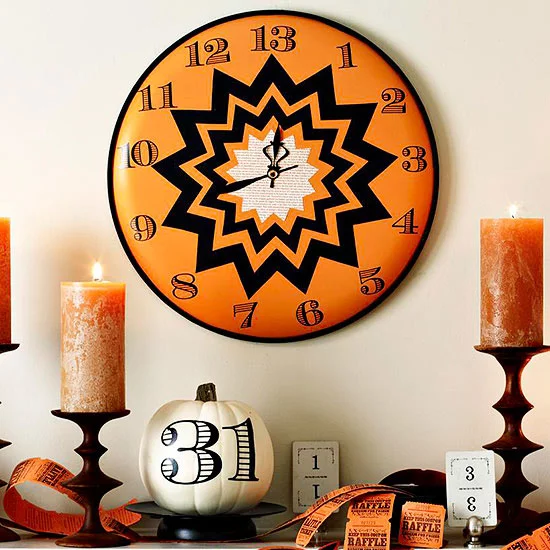 stylische kunstwerke zu halloween coole wanduhr schwarze sterne oranger hintergrund