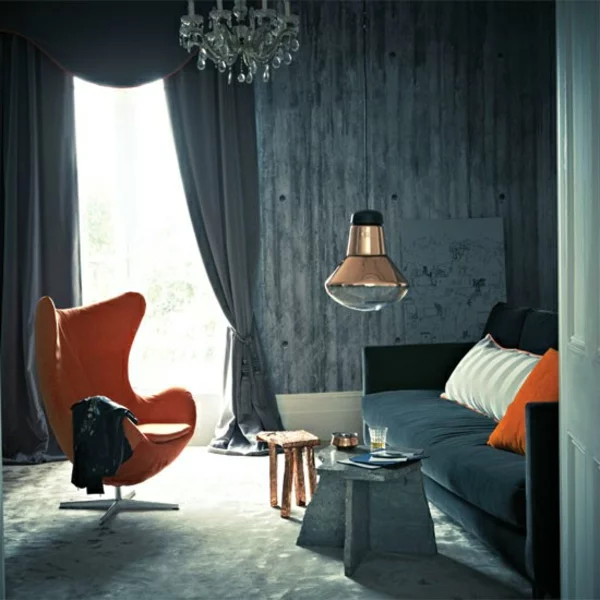Aktuelle Interior Design Trends farben texturen orange sessel gardinen grau