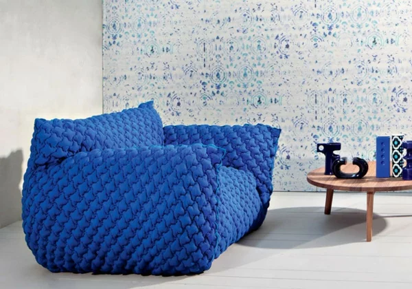 Designer Sofa mit abnehmbarem Bezug blau holz niedrig cauchtisch