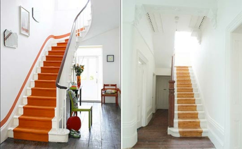 Treppenläufer und Teppiche für Holztreppen orange bevor und danach