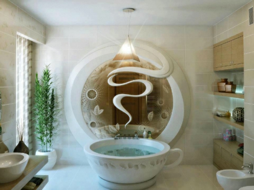 attraktive Badezimmer Design badewanne asiatisch stil eleganz regale