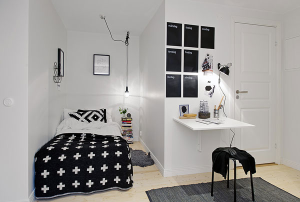 coole deko ideen schlafzimmer klein eng schwarz weiß bett